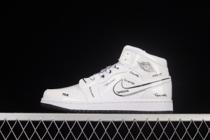 Air Jordan 1 Mid GS Schematic White Graffiti Zhongbang Basketball Shoes DQ1864-100