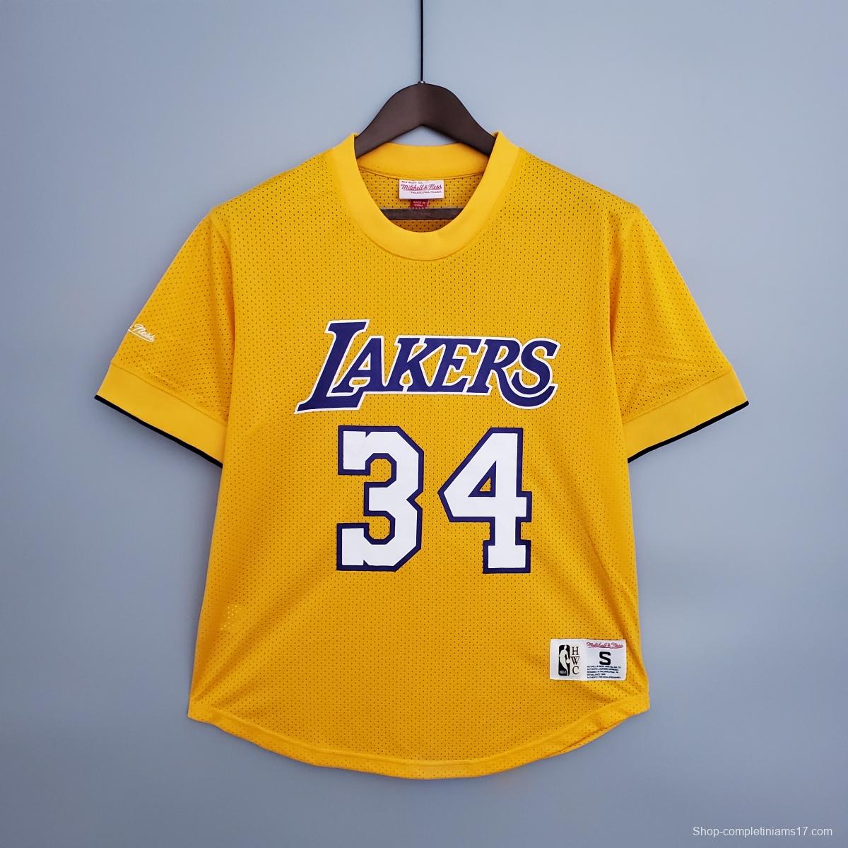 Mitchellness Lakers Yellow No. 34 O'Neial Retro Mesh Short Sleeve