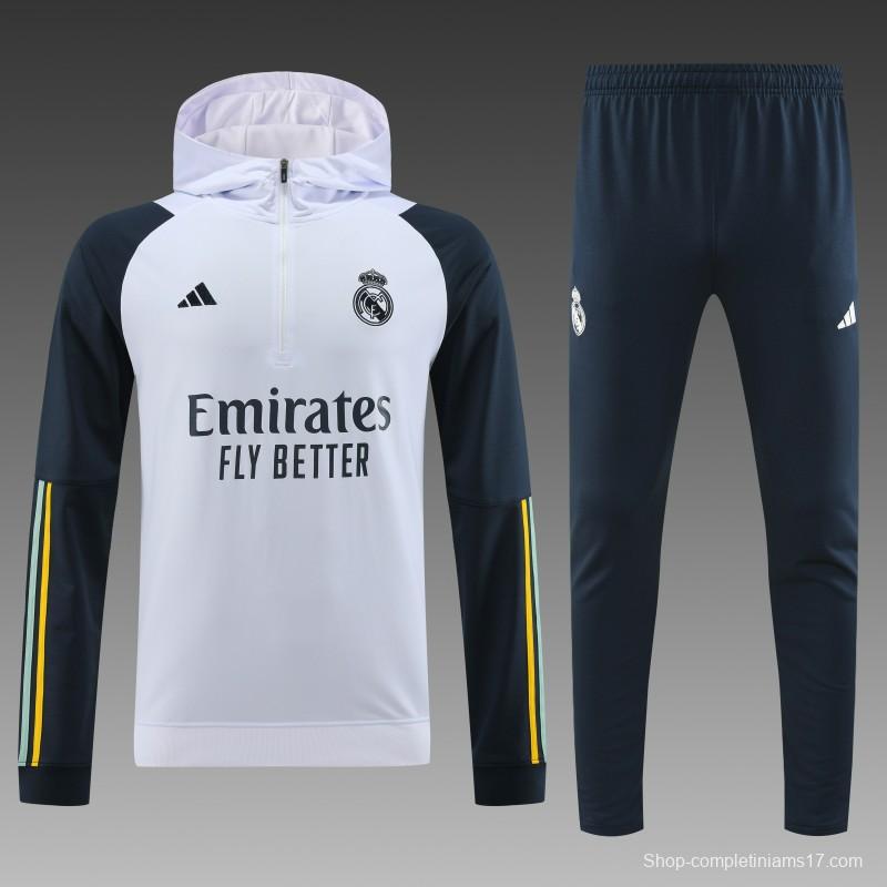 23/24 Real Madrid White Hoodie Half Zipper Jacket+ Pants