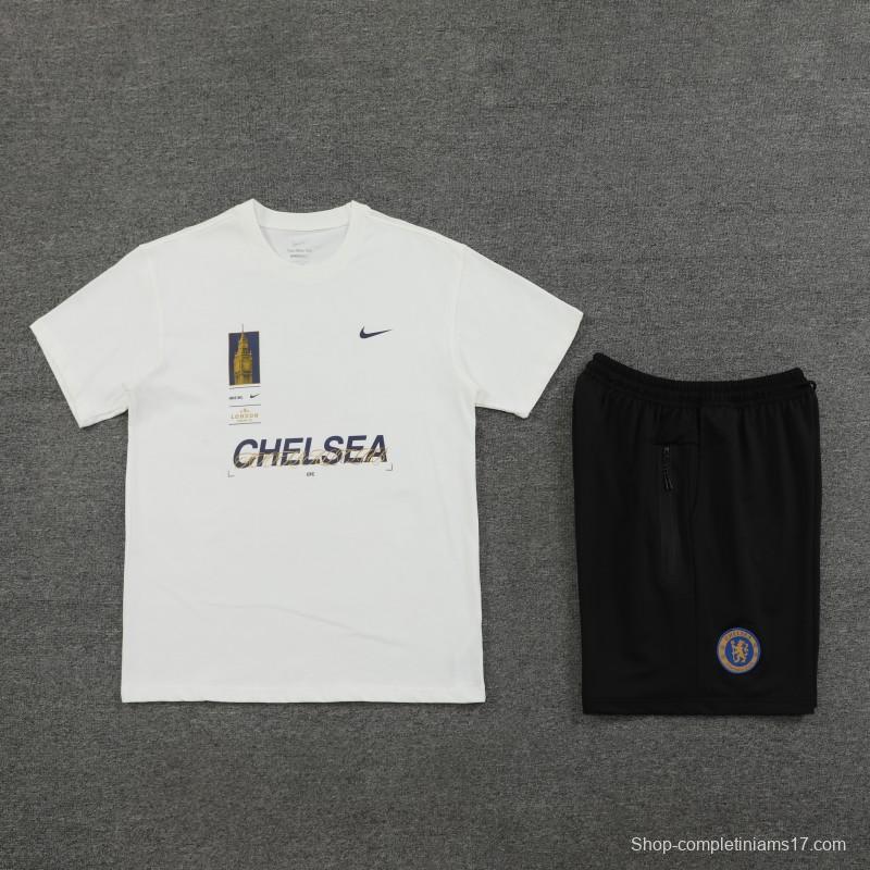 23/24 Chelsea White Cotton Short Sleeve Jersey+Shorts