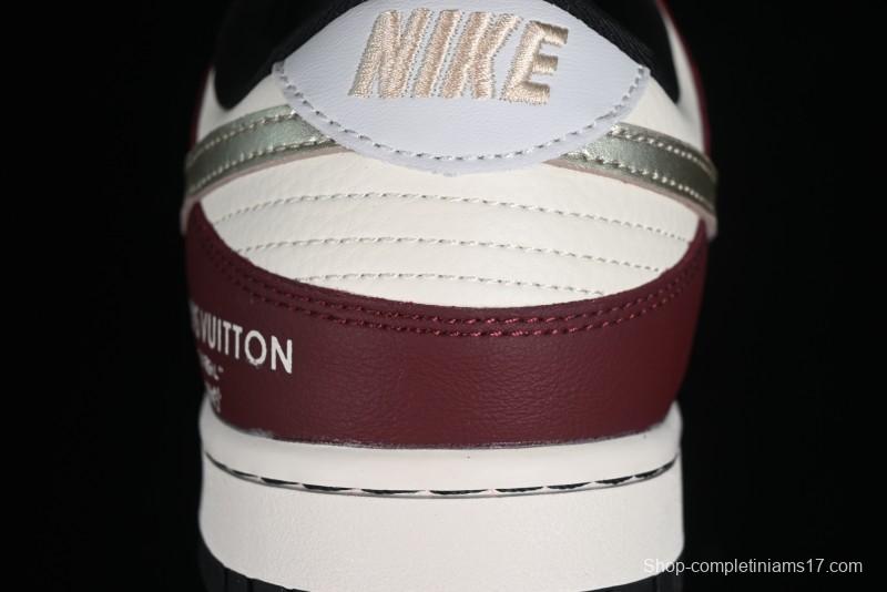 Louis Vuitton x Nike Dunk Low Customized Sneakers - Burgundy with Silver Swoosh SB Low Top Casual Skate Shoes - FC1688-188