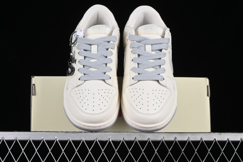Stussy x Nike SB Dunk Low Retro Premium Sneakers in Off-White Light Grey Swoosh - DQ1098-377