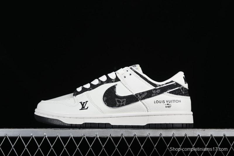 Nike SB Dunk Low LV Collaboration - Beige Black Denim Floral Anniversary High-End Custom Low-Top Casual Skate Shoes - XB3802-358