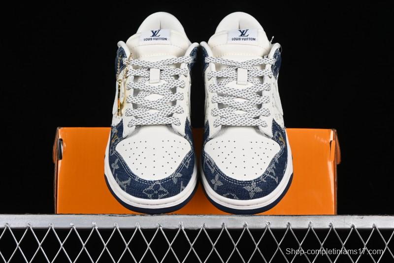 Nike SB Dunk Low LV Collaboration - Blue Denim Print Anniversary High-End Custom Low-Top Casual Sneakers - FC1688-162