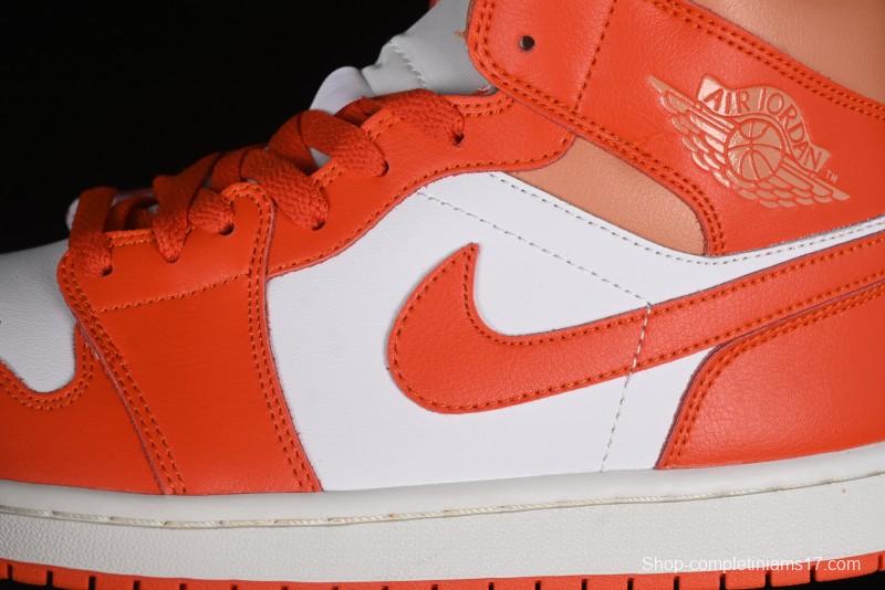 Nike Air Jordan 1 Mid Basketball Shoes in White and Orange Colorway - BQ6472-108