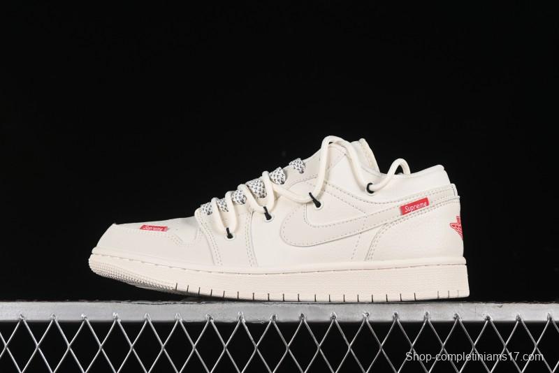 Nike Air Jordan 1 Low Supreme Collaboration - Retro Basketball Shoes in Off-White Red with Small Logo - SJ9950-017