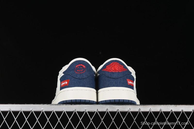 Nike Travis Scott x Fragment Design x Air Jordan 1 Low OG SP AJ1 Levi's Collaboration - White Blue Canvas Low Top Casual Sneakers - JH6088-605