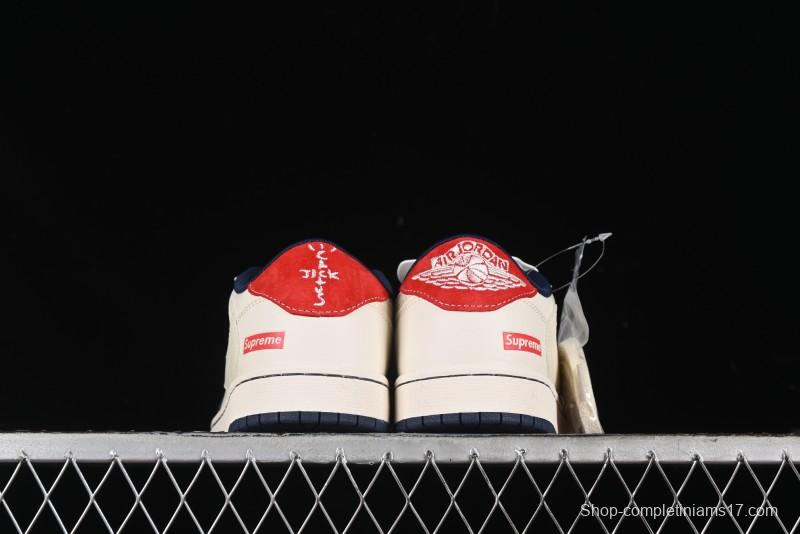Nike Travis Scott x Fragment Design x Air Jordan 1 Low OG SP AJ1 Supreme Collaboration - Deep Blue Red Culture Casual Sneakers - XY2688-122