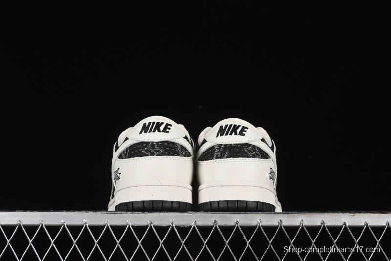 Nike SB Dunk Low LV Collaboration - Beige Black Printed Denim Anniversary High-End Custom Low-Top Casual Skate Shoes - XB3802-357