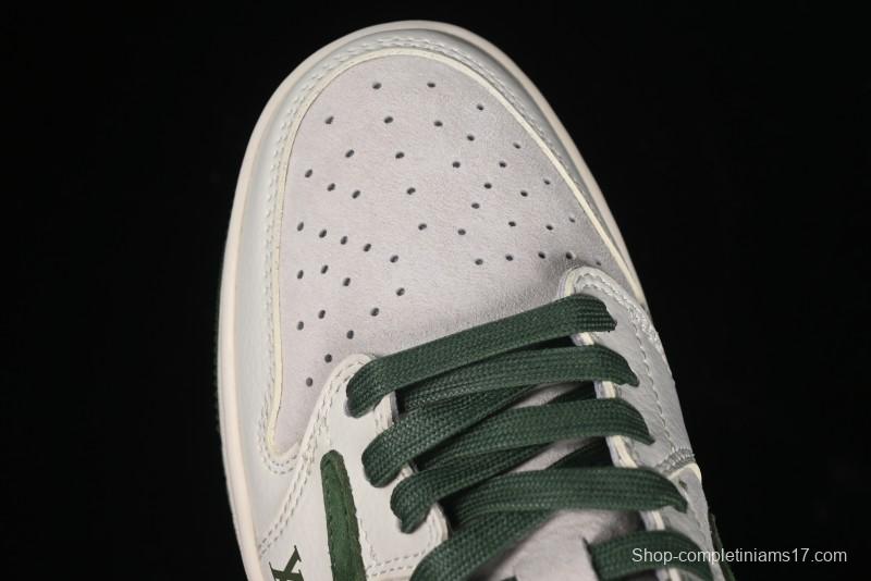 Nike Travis Scott x Fragment Design x Air Jordan 1 Low OG SP AJ1 LV Collaboration - Grey Green Pigskin Low Top Casual Sneakers - XZ1268-005