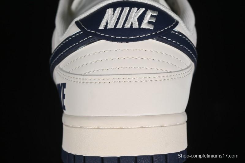 Nike SB Dunk Low Anniversary Premium Custom Low-Top Casual Skate Shoes in Off-White with Navy Blue Swoosh - SJ1089-004