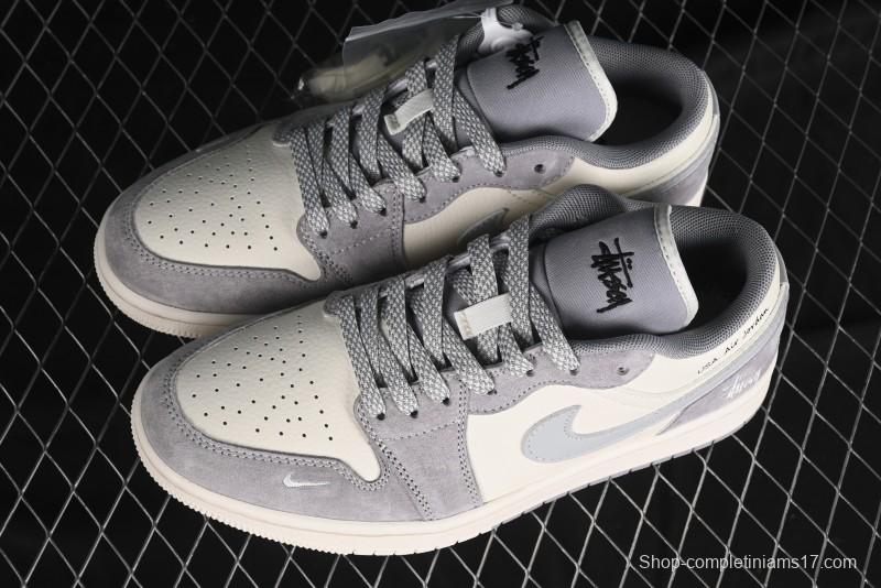 Nike Air Jordan 1 Low Stussy Collaboration - Light Bone Grey Dual-Tone Premium Custom Retro Basketball Shoes - SJ9950-045