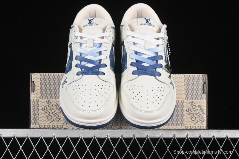 Nike SB Dunk Low LV Collaboration - Beige Blue Print Anniversary High-End Custom Low-Top Casual Skate Shoes - JH8310-954