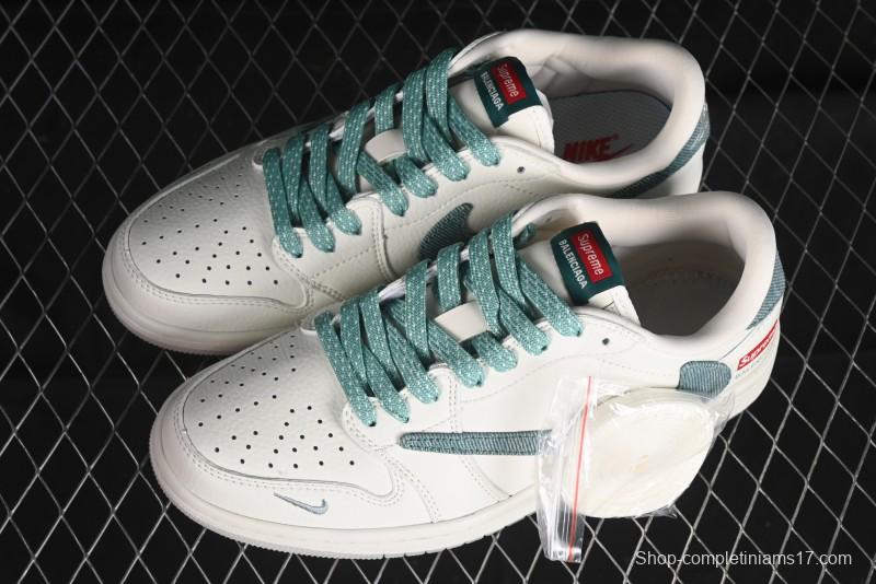 Nike Travis Scott x Fragment Design x Air Jordan 1 Low OG SP AJ1 Supreme Collaboration - Green Canvas Swoosh Low-Top Casual Sneakers - JH6088-706