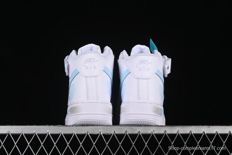 Nike Air Force 1 '07 Mid Light Blue Hand-Painted Cracked Three Stripes Shadow Mid-Top Casual Sneakers - CW2289-111