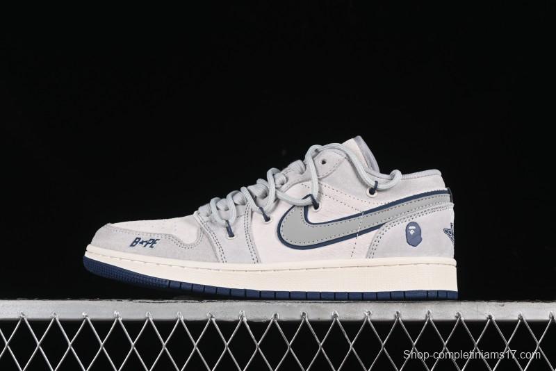 Nike Air Jordan 1 Low AJ1 Bape Collaboration - Grey Blue Retro Basketball Shoes with Custom Laces - SJ9950-019