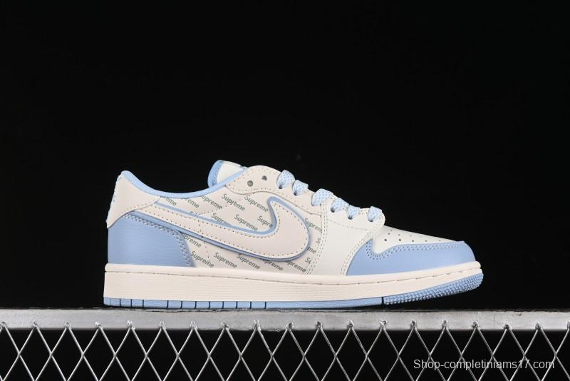 Nike Travis Scott x Fragment Design x Air Jordan 1 Low OG SP AJ1 Supreme Collaboration - White Blue Lettering Low Top Casual Sneakers - XY2688-116