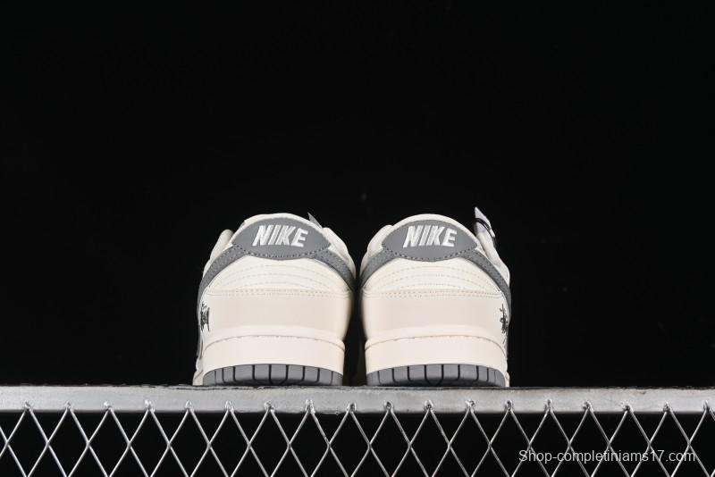 Nike SB Dunk Low Stussy Collaboration - Off White Dark Grey Swoosh Anniversary Custom Low-Top Casual Skate Shoes - DQ1098-382