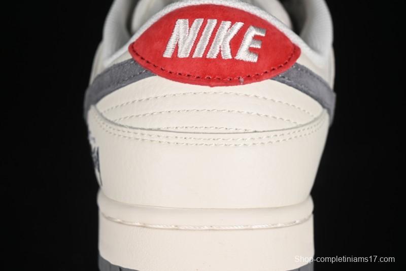 Nike SB Dunk Low Stussy Collaboration - Grey Pigskin Red Tail Anniversary High-End Custom Low-Top Casual Skate Shoes - XY2025-015