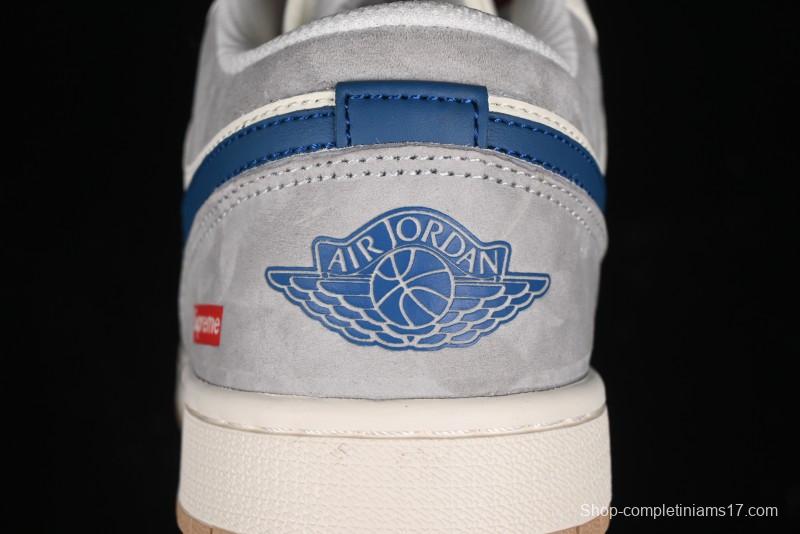 Nike Air Jordan 1 Low Supreme Collaboration - Retro Basketball Shoes in Blue and Gum Sole - SJ9950-022