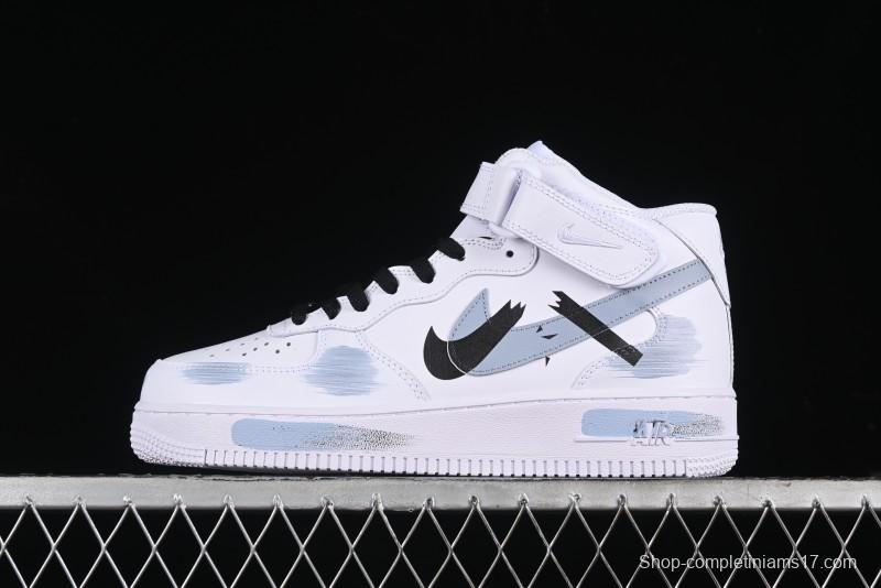 Nike Air Force 1 Mid Custom Hand-Painted Broken Three Hooks Shadow Spray-Painted Strap Mid-Top Casual Sneakers - CW2289-111