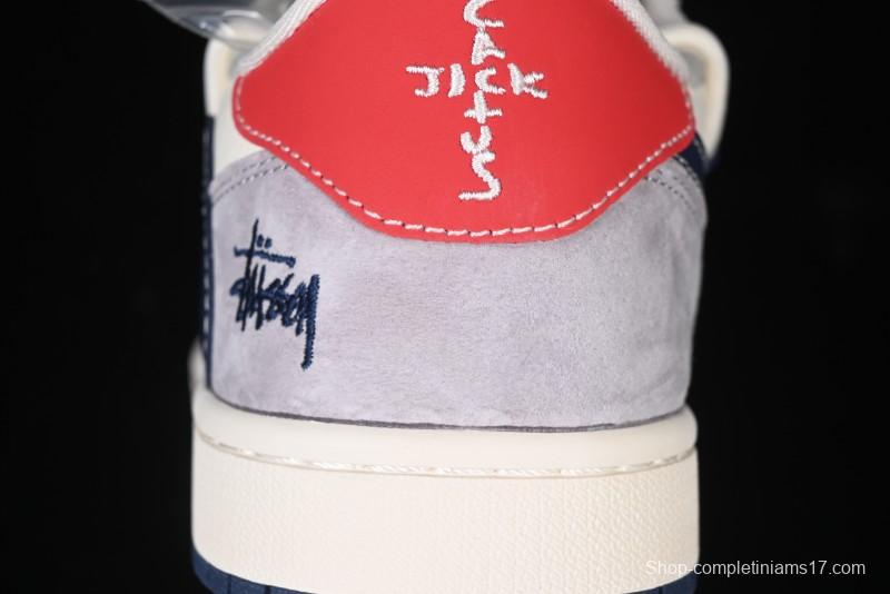 Nike Travis Scott x Fragment Design x Air Jordan 1 Low OG SP AJ1 Stussy Collaboration - Grey Blue Hook Lace Low Top Casual Sneakers - SJ0086-140