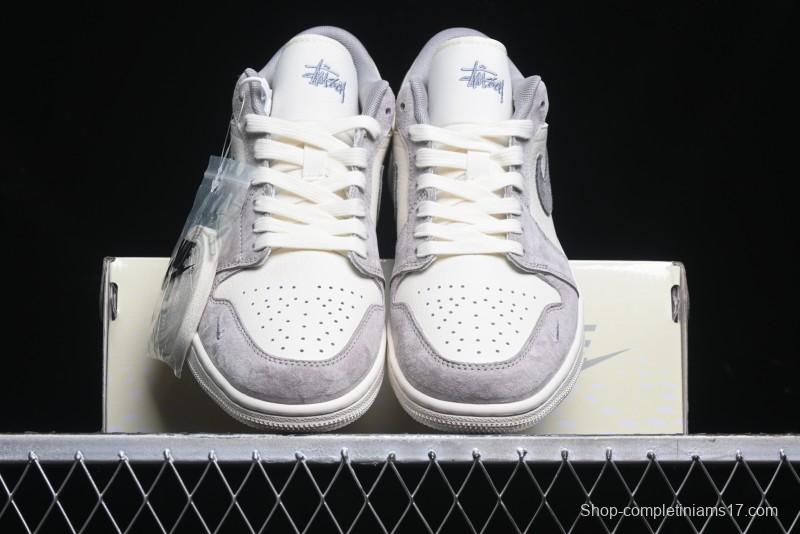 Nike Air Jordan 1 Low Stussy Collaboration - Grey White Dual-Tone Red Tag Retro Basketball Shoes - SJ9950-031