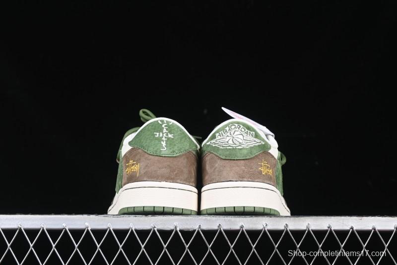 Nike Travis Scott x Fragment Design x Air Jordan 1 Low OG SP AJ1 Stussy Collaboration Suede Green Low Top Casual Sneakers - XS3186-202