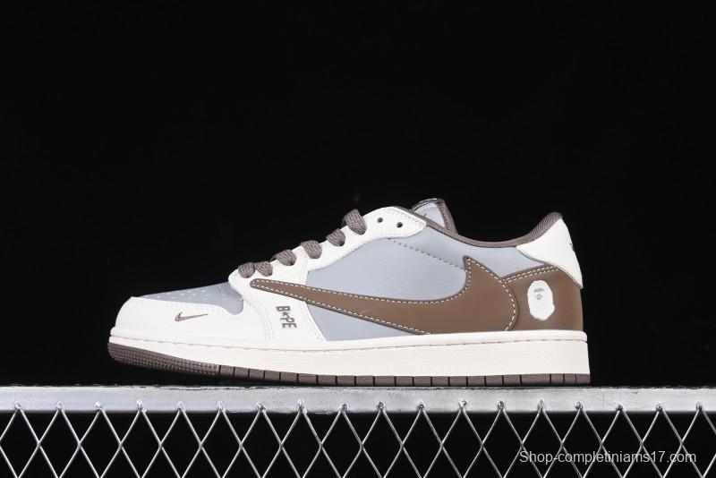 Nike Travis Scott x Fragment Design x Air Jordan 1 Low OG SP AJ1 Bape Collaboration Tea Brown Low-Top Casual Sneakers - BB6511-627
