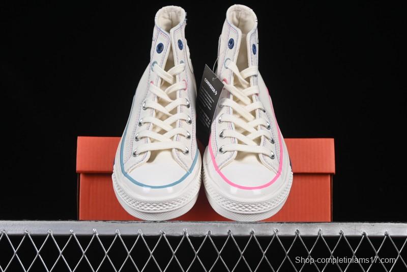 Converse Chuck 1970s High Top Casual Sneakers with Star Stitching and White-Pink-Blue Mismatched Design - A15744C