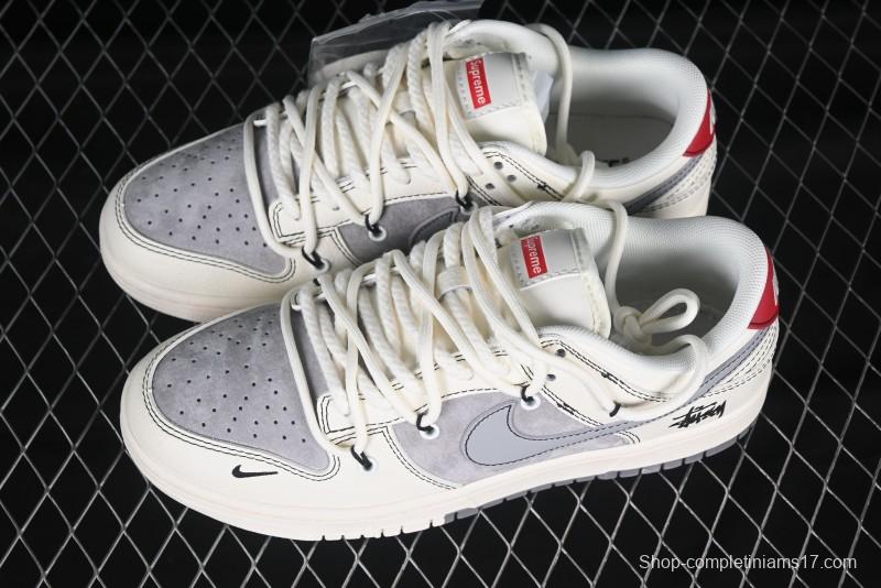 Nike SB Dunk Low Stussy Anniversary Customized Low-Top Casual Skate Shoes with Gray Swoosh and Strap - YX5066-269