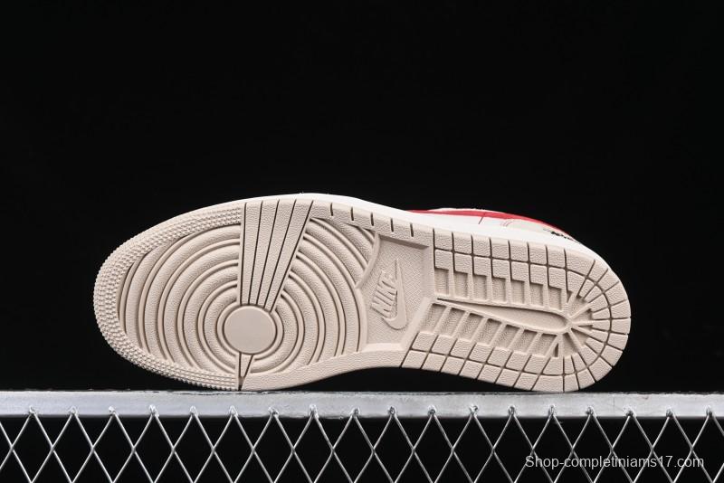 Nike Air Jordan 1 Low Stussy Collaboration Khaki Red Hook Retro Basketball Shoes - SJ9950-040