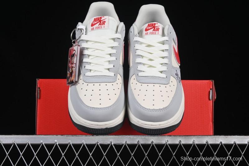 Nike Air Force 1 '07 Low Nezha Collaboration Grey Red Swoosh Casual Sneakers - DF0188-046