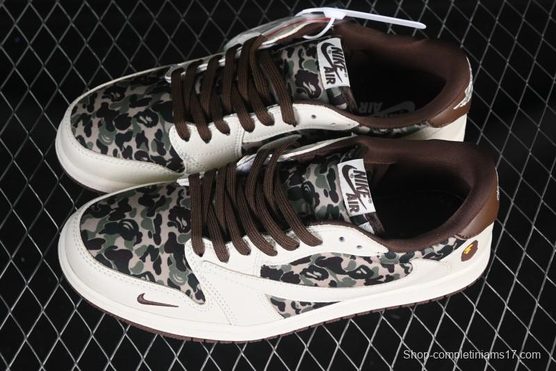 Nike Travis Scott x Fragment Design x Air Jordan 1 Low OG SP AJ1 Bape Collaboration Beige Camo Low-Top Casual Sneakers - XS2024-019
