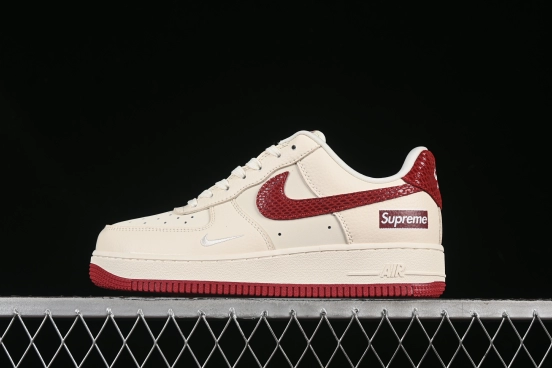 Nike Air Force 1 '07 Low Supreme Collaboration Sneakers with Red Snake Swoosh - DF0188-040