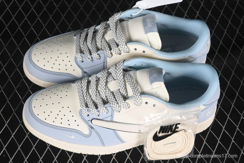Nike Travis Scott x Fragment Design x Air Jordan 1 Low OG SP AJ1 Retro Sneakers with Blue Splatter Design - ZH2598-249