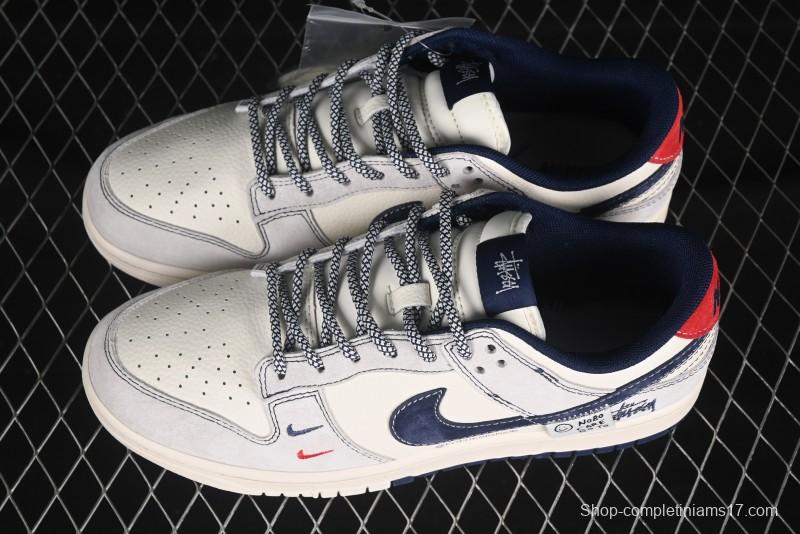 Nike SB Dunk Low Stussy Anniversary Edition Patchwork Navy Swoosh Customized Low-Top Casual Skate Shoes - YX5066-297