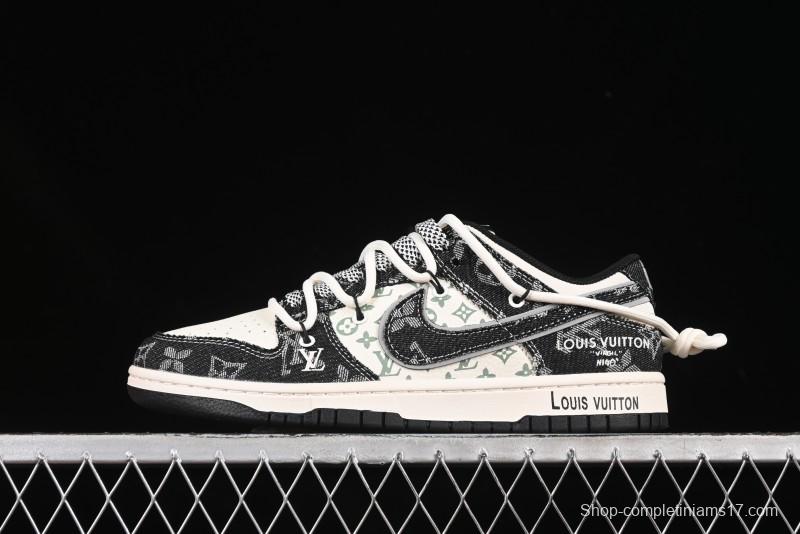Nike SB Dunk Low LV Collaboration Strap Black Denim Print Anniversary High-End Custom Low-Top Casual Skate Shoes - YX5066-320