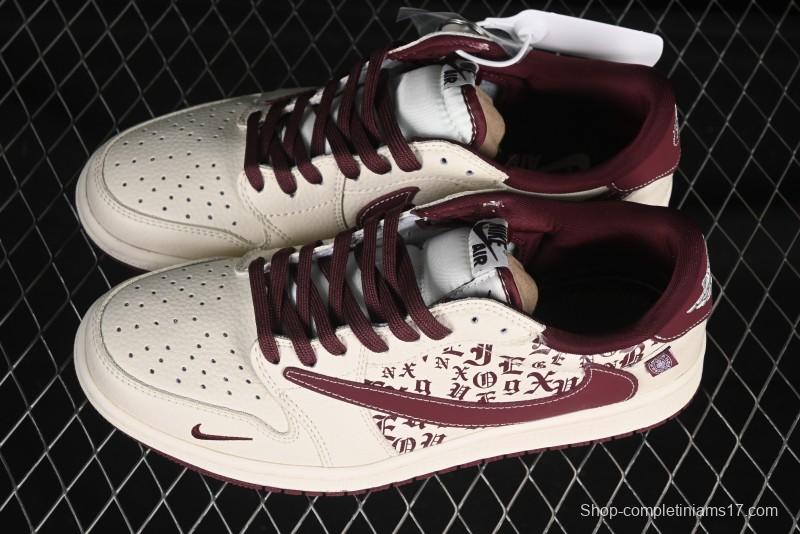 Nike Travis Scott x Fragment Design x Air Jordan 1 Low OG SP AJ1 Cross Hoodie Collaboration Brown Print Low-top Casual Sneakers - LD2025-016