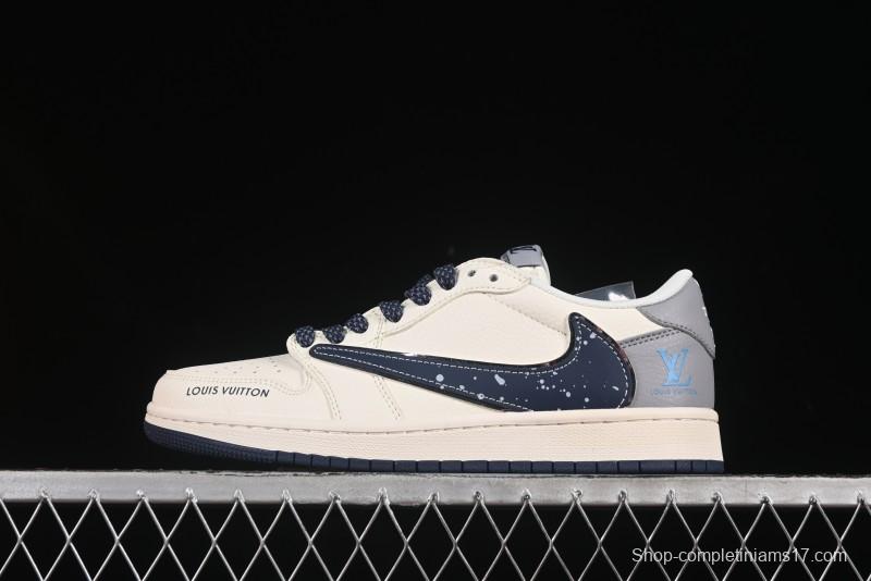Nike Travis Scott x Fragment Design x Air Jordan 1 Low OG SP Sneakers with Splatter Blue Swoosh - ZH2598-242