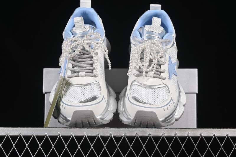 GG-CC Star Same Style Lace-Up Hollow Out Dad Shoes with 5cm Hidden Height Increase - G25X269 White Blue