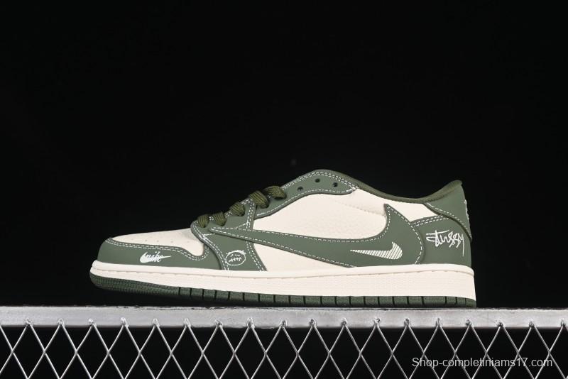 Nike Travis Scott x Fragment Design x Air Jordan 1 Low OG SP AJ1 Stussy Collaboration Oil Green Swoosh Low Top Casual Sneakers - XS2024-025