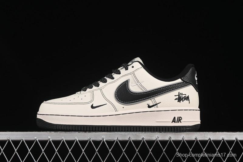 Nike Air Force 1'07 Low Stussy Collaboration Black Swoosh Casual Sneakers - HH7518-059