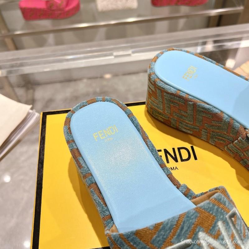 2025 Slippers Fendi Blue Brown Canvas FF Jacquard Platform FJ00321