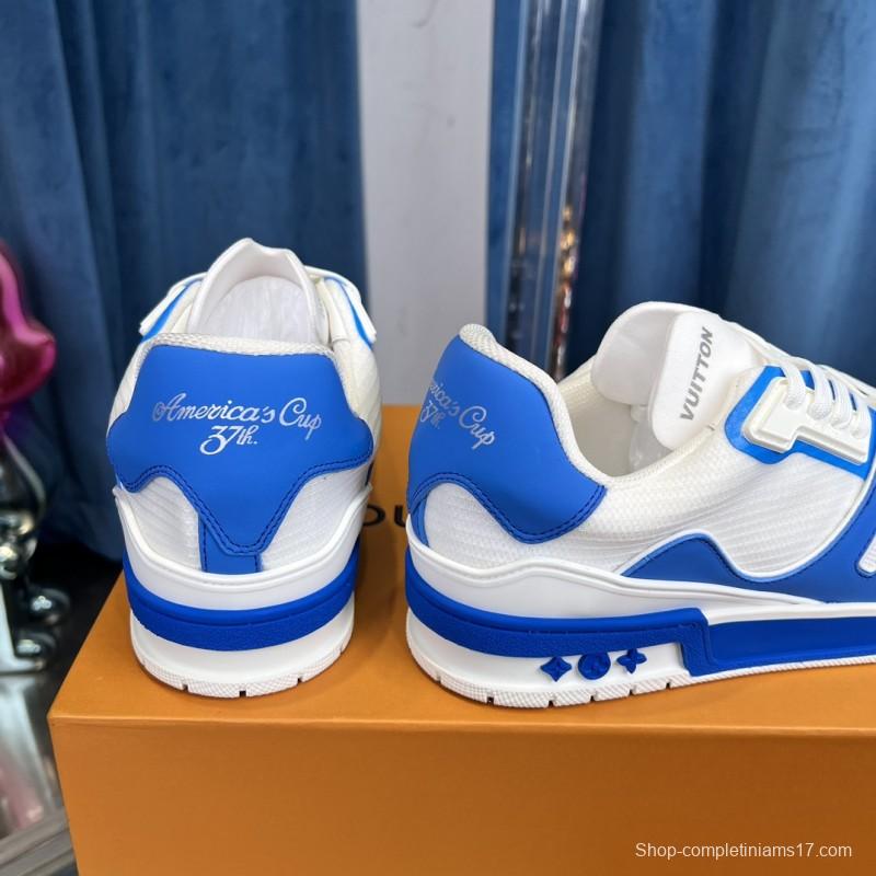 2025 Men Louis Vuitton White Blue Leather Trainer