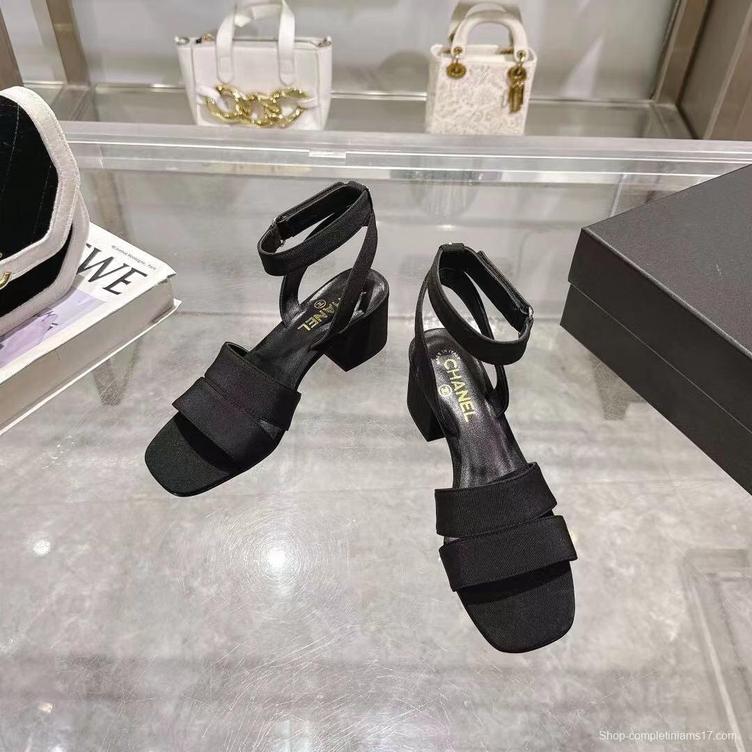 2025 Women Chanel Black Fabric Leather Sandals LY00280