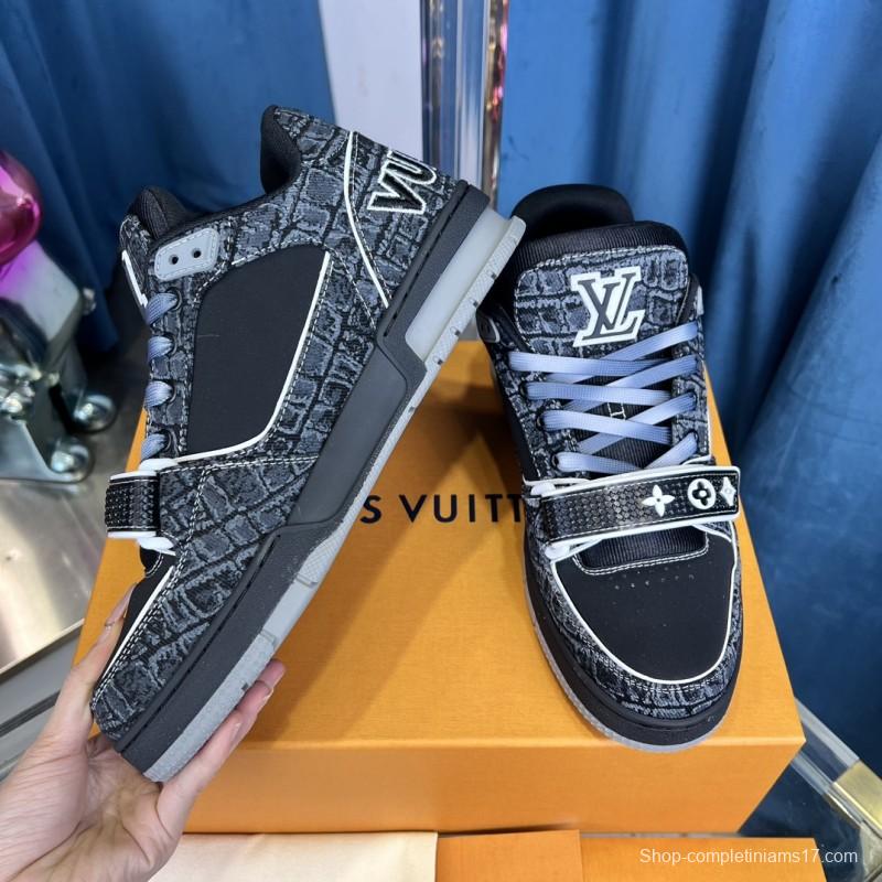2025 Unisex Louis Vuitton Black Grey Leather Canvas Plimsolls Stitching LV0038
