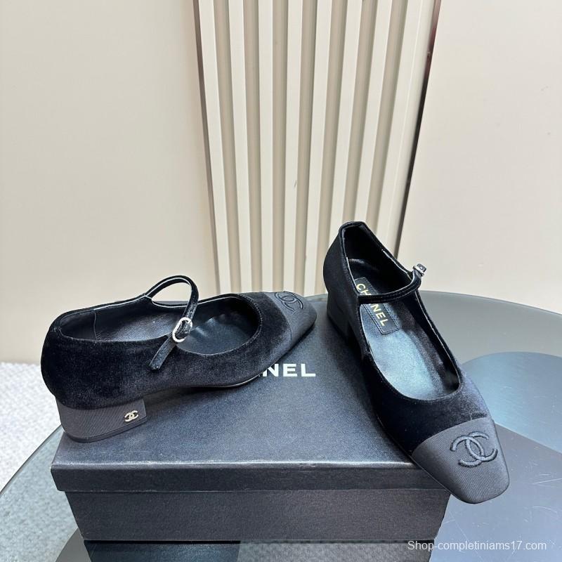 2025 Women Chanel Black Velvet Leather Mary Jane