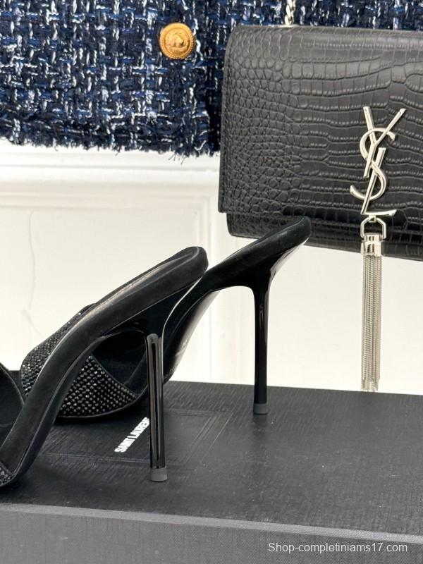 2025 Women Yves Saint Laurent Black Rhinestone Leather High Heel Slippers LY00300