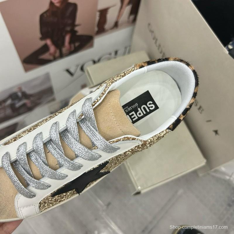 2025 Women GGDB Gold Glitter Black Leather Star Leopard Print Suede Sneakers